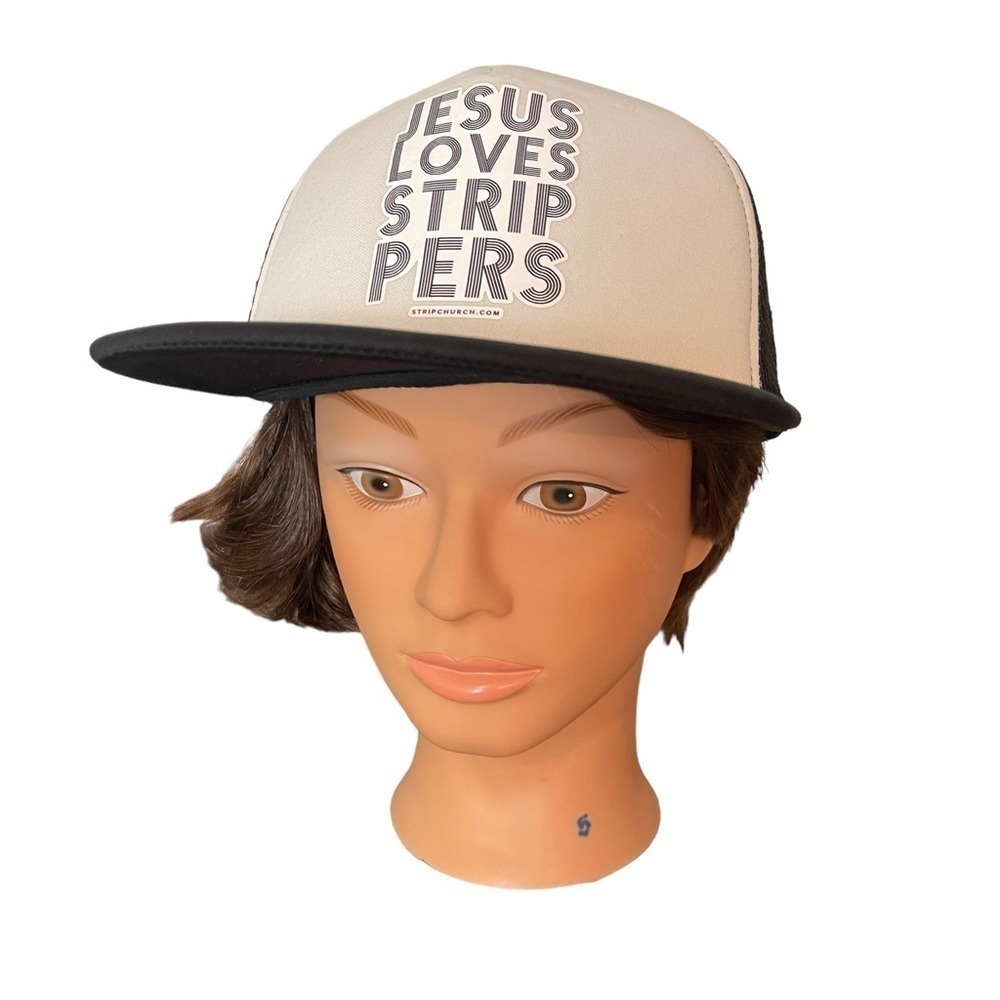 EUC Jesus Loves Strippers flat brim hat, white and black, snapback, O/S